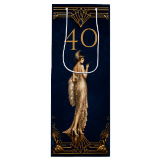 Art Deco 40. Flapper-Mädchen blau Gold Gatsby Wein Geschenktüte Für Weinflaschen