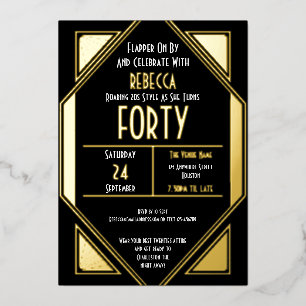 Art Deco 40. Geburtstag Schwarz Gold Echt Folieneinladung