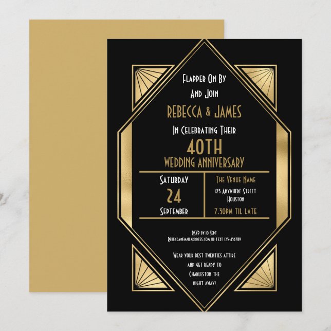 Art Deco 40 Jahre Rubinhochzeit Einladung (Vorne/Hinten)