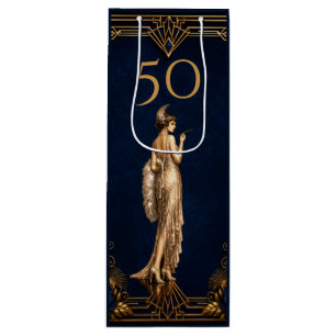 Art Deco 50. Flapper-Girl Blau Gold Gatsby Wein Geschenktüte Für Weinflaschen