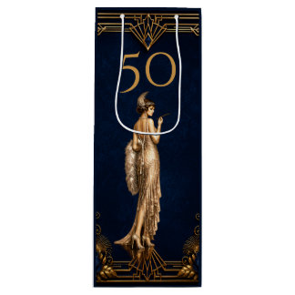 Art Deco 50. Flapper-Girl Blau Gold Gatsby Wein Geschenktüte Für Weinflaschen