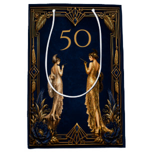 Art Deco 50er Flapper Girls Blau Gold Gatsby Mittlere Geschenktüte