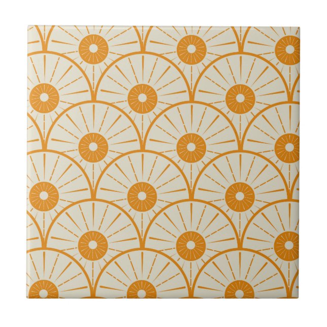 Art Deco Abstrakt Orange Sun on White Fliese (Vorderseite)