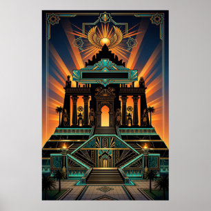 Art Deco Ägyptischer Revival-Tempel Gold & Türkis Poster