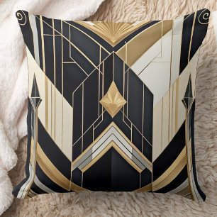 Art Deco altes Gold Schwarz geometrisches Tri-Desi Kissen