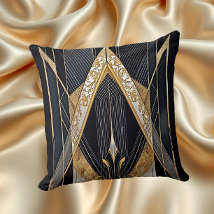 Art Deco Altgold Schwarz Geometrisches Spitzen Des Kissen
