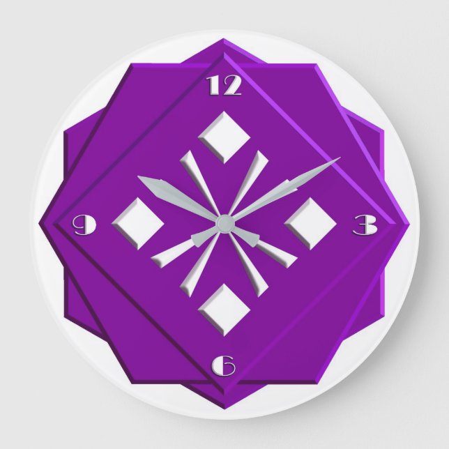 Art Deco Amethyst lila geometrisches Muster Große Wanduhr (Vorderseite)