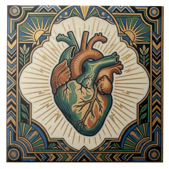 Art Deco Anatomical Heart Teal Green Gold Design Fliese (Vorderseite)