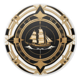 Art Deco Antikes Schiff Schwarz-weiß Gold Nautic Keramikknauf