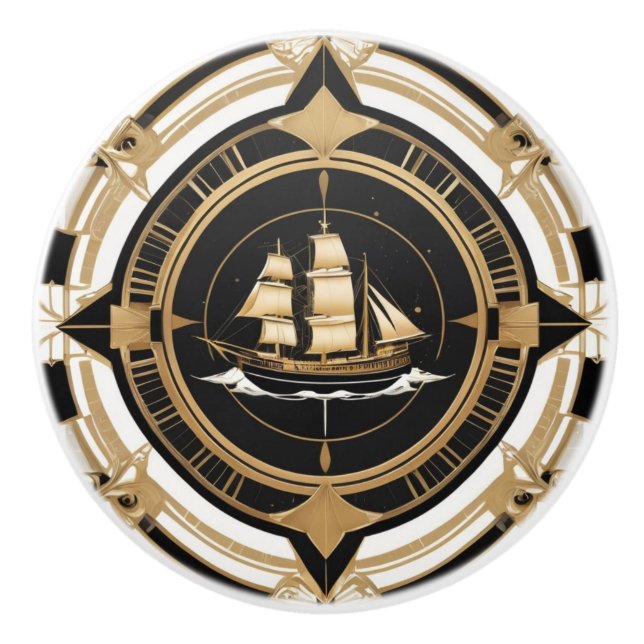 Art Deco Antikes Schiff Schwarz-weiß Gold Nautic Keramikknauf (Vorderseite)