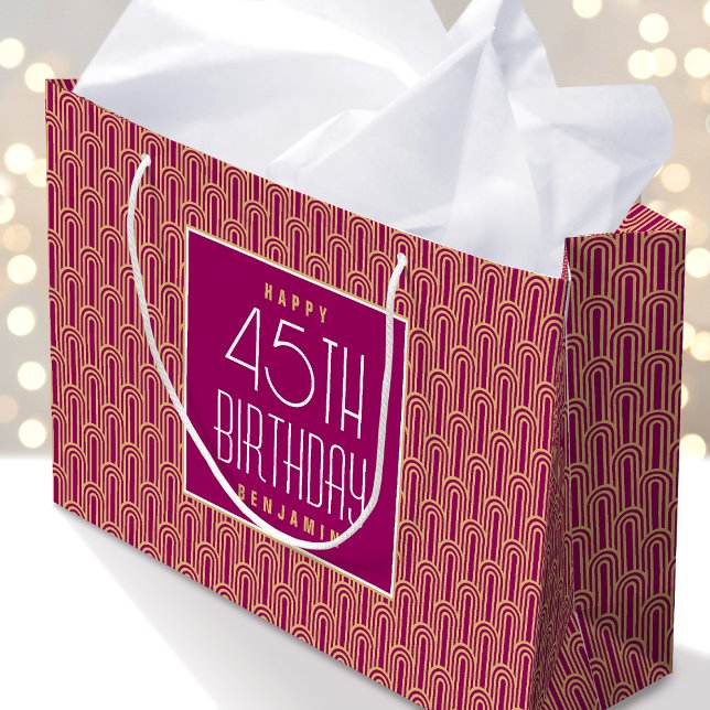 Art Deco Any Age Birthday Name Pink Gold Elegant Große Geschenktüte (Von Creator hochgeladen)