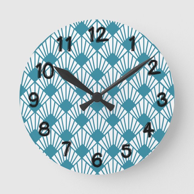 Art Deco Aquamarin Fans Runde Wanduhr (Vorderseite)