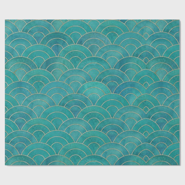 Art Deco Aquamarin & Gold Deco Tissue Paper Geschenkpapier (Flach)