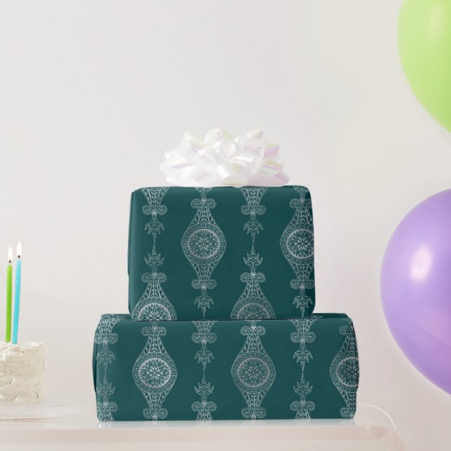 Art Deco Aquamarin Silver Floral Geschenkpapier (Partygeschenke)
