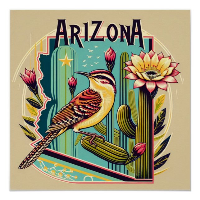 Art Deco Arizona Staat Bird und Blume Design Poster (Vorderseite)