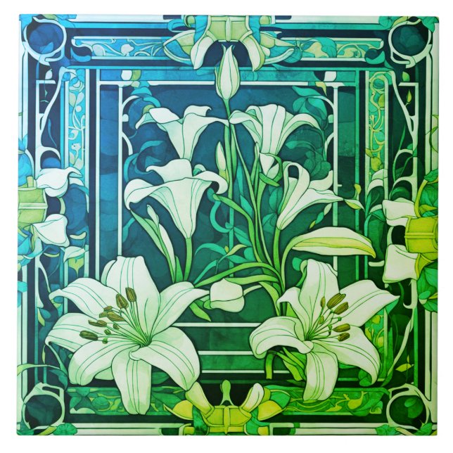 Art Deco Art Nouveau Blume Grün Fliese (Vorderseite)