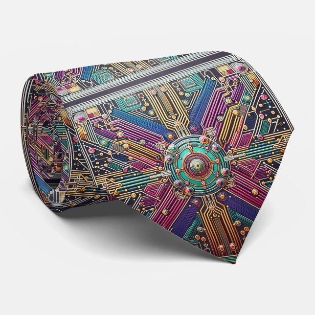 Art Deco Art Nouveau Rainbow Circuit Board Necktie Krawatte (Gerollt)