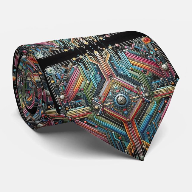 Art Deco Art Nouveau Rainbow Circuit Board Necktie Krawatte (Gerollt)