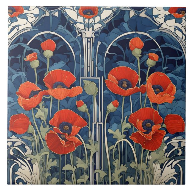 Art Deco Art Nouveau Rote Mohn Blume Blau Fliese (Vorderseite)
