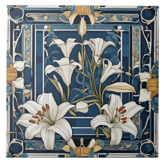 Art Deco Art Nouveau Weißer Blume Fliese (Vorderseite)