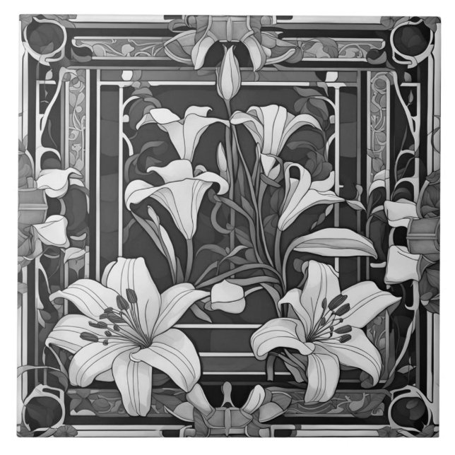 Art Deco Art Nouveau Weißer Blume Grau florale Fliese (Vorderseite)