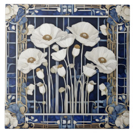 Art Deco Art Nouveau Weißer Mohn Blume Blau Fliese