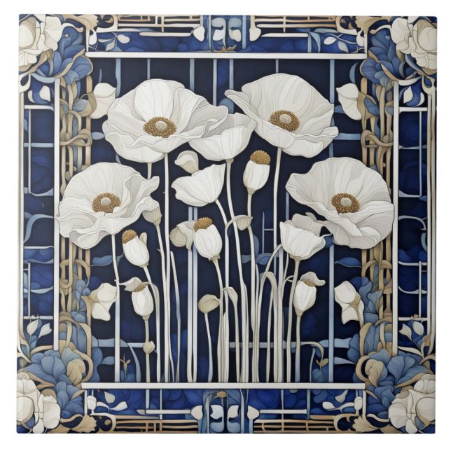 Art Deco Art Nouveau Weißer Mohn Blume Blau Fliese (Vorderseite)