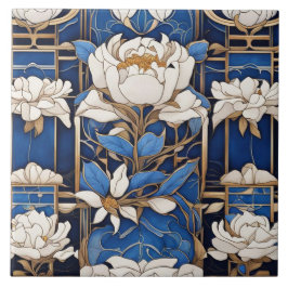 Art Deco Art Nouveau White Peony Blume Blue Fliese