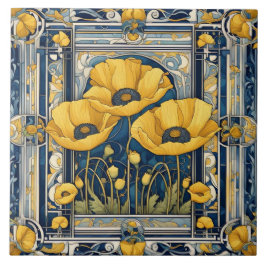 Art Deco Art Nouveau Yellow Poppy Blume Blau Fliese