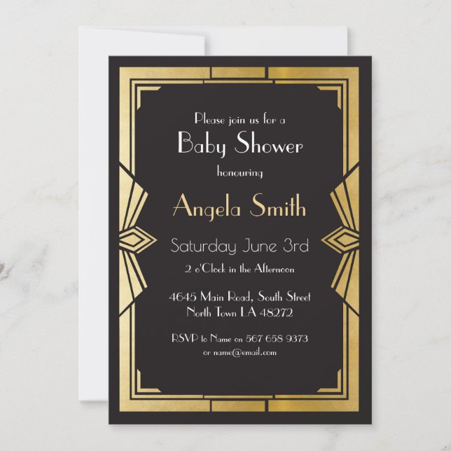 Art Deco Baby Shower Gatsby Black Invite 1920er Einladung (Vorderseite)