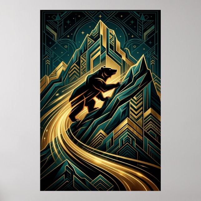 Art Deco Bear Mountain Climb Golden Path Poster (Vorne)