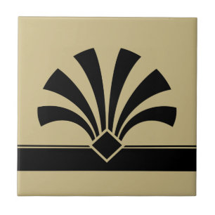 Art Deco Beige Schwarz Geometrische Blume Element  Fliese