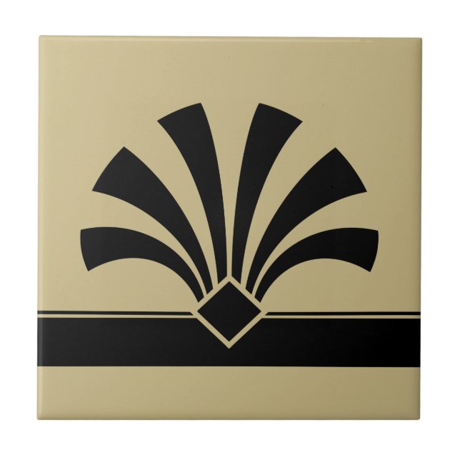 Art Deco Beige Schwarz Geometrische Blume Element  Fliese (Vorderseite)