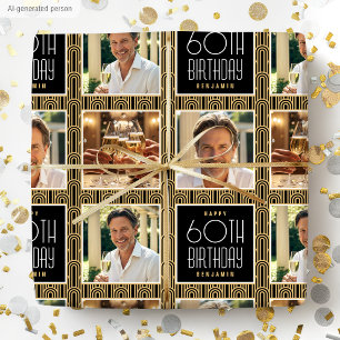 Art Deco Benutzerdefiniertes Alter Foto Geburtstag Geschenkpapier