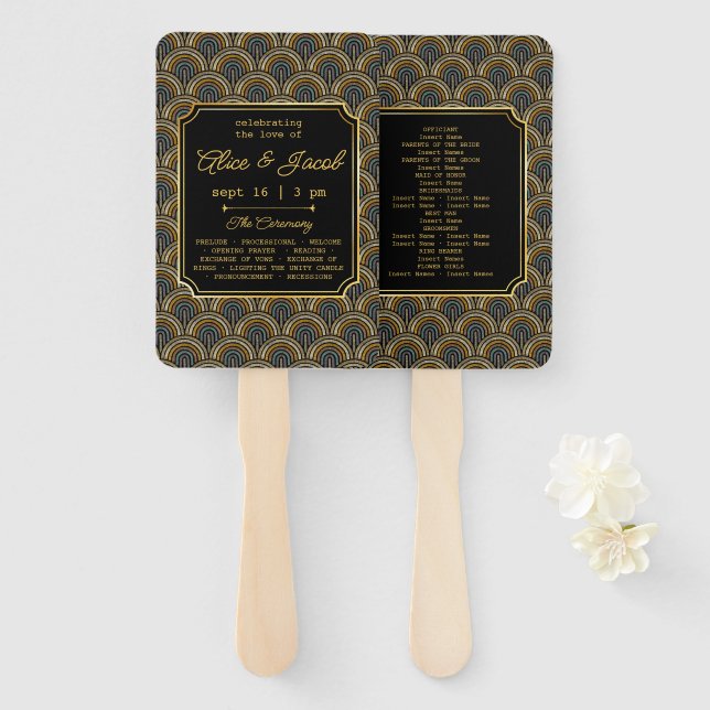 Art Deco bestickter Hochzeitsprogramm-Fächer Fächer (Vorne und Hinten)