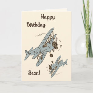 Art Deco Bi-Flugzeug - blau Happy Birthday + Name. Karte