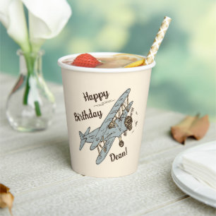 Art Deco Bi-Flugzeug - blau Happy Birthday + Name. Pappbecher