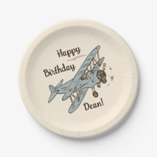 Art Deco Bi-Flugzeug - blau Happy Birthday + Name. Pappteller