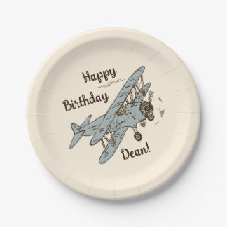 Art Deco Bi-Flugzeug - blau Happy Birthday + Name. Pappteller