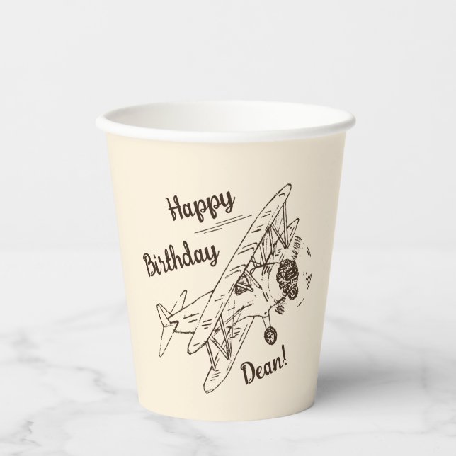 Art Deco Bi-Flugzeug - Happy Birthday + Name. Pappbecher (Vorderseite)