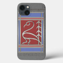 Art Deco Bird and Pine - Gray Blue Red - Monogramm