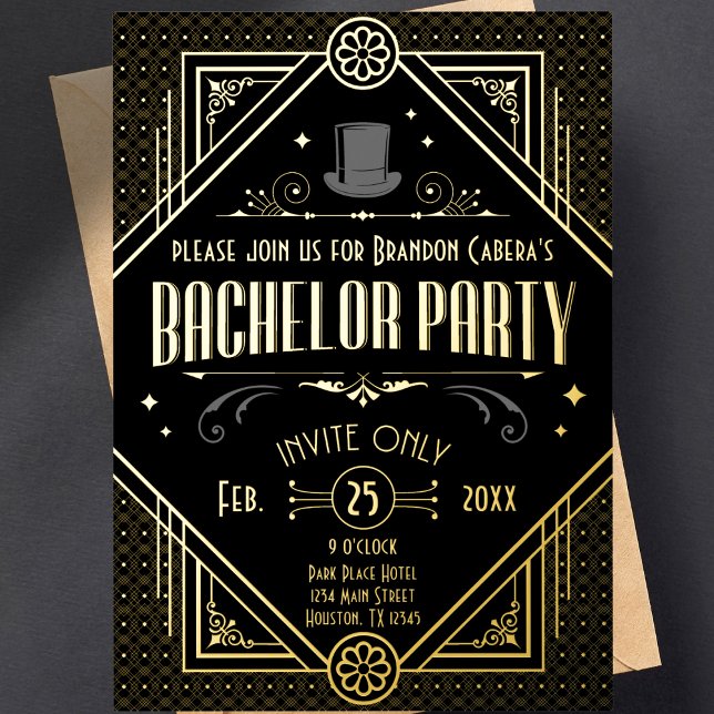 Art Deco Black and Gold Bachelor Party Folieneinladung (bachelor party invitation Art Deco speakeasy 1920s theme gold and black groomsmen best man)