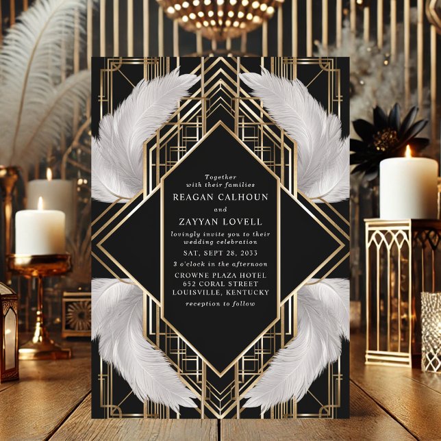 Art Deco Black and Gold Feather Wedding Einladung (Von Creator hochgeladen)