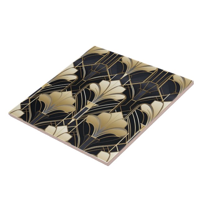 Art Deco Black and Gold Floral Fliese (Seite)