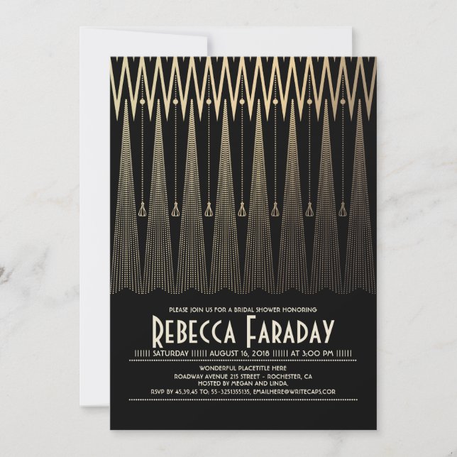 Art Deco Black and Gold Gatsby Brautparty Einladung (Vorderseite)