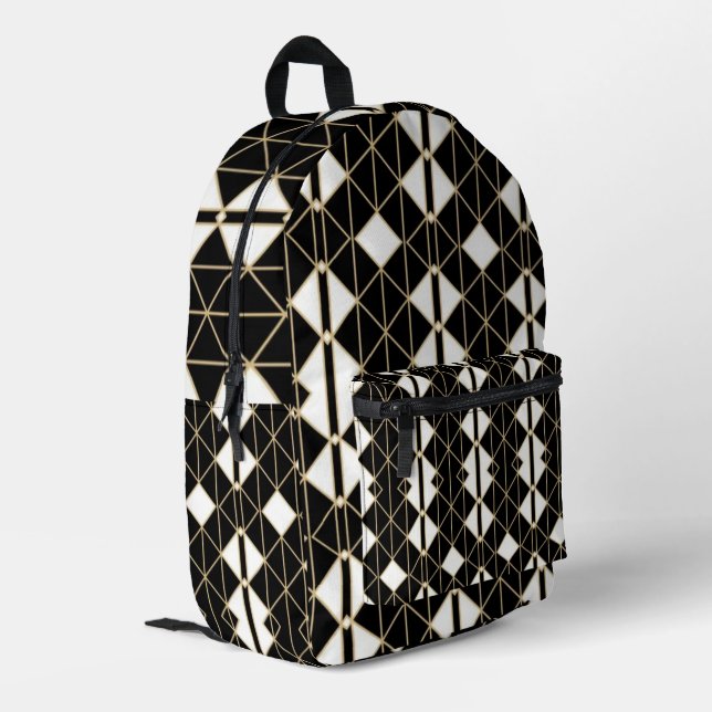 Art Deco Black and Gold Geometric luxury Bedruckter Rucksack (Rückseitige Ecke links)