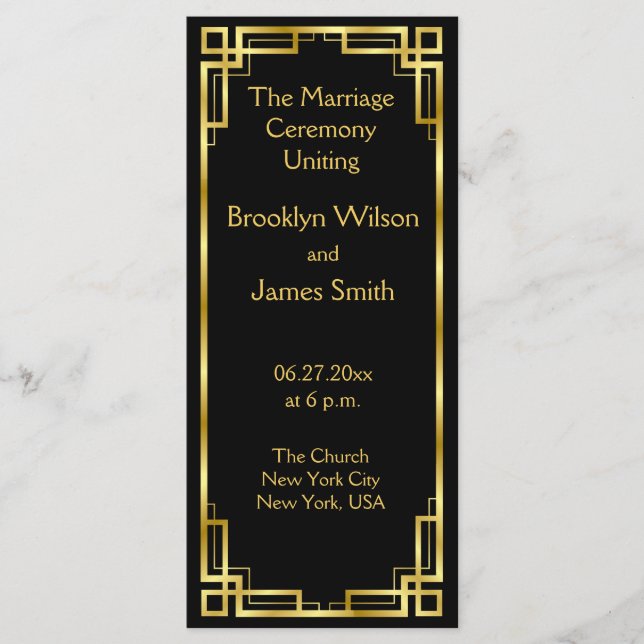 Art Deco Black and Gold Hochzeitsprogramme Programm (Vorderseite)