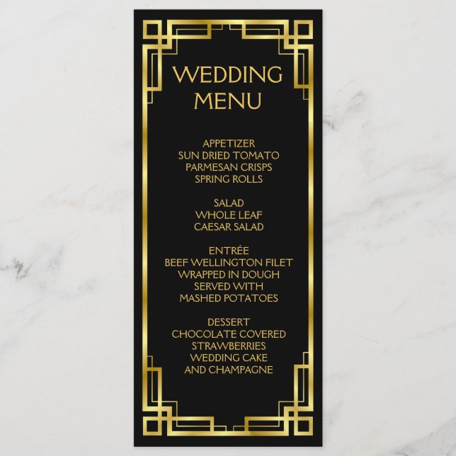 Art Deco Black and Gold Menü für Hochzeiten Menükarte (Vorderseite)