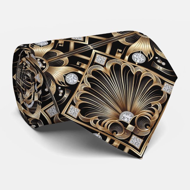 Art Deco Black and Gold Seashell Pattern Neck Tie Krawatte (Gerollt)