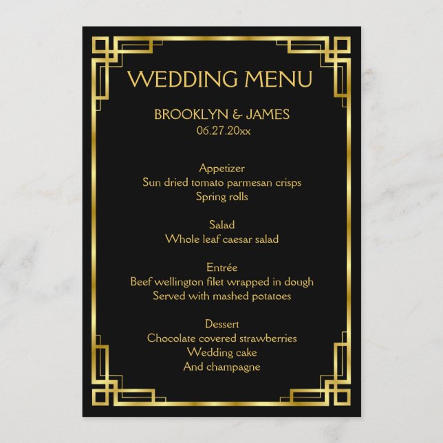 Art Deco Black and Gold Wedding Menu Karte (Vorderseite)